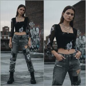 SAMI MIRO VINTAGE Mesh Bell Sleeve Blouse Square neck raw crop